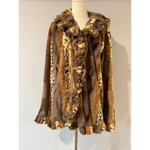 NWOT Damselle New York Faux Fur Ruffled Coat Size XL, Brown Animal Print Shimmer